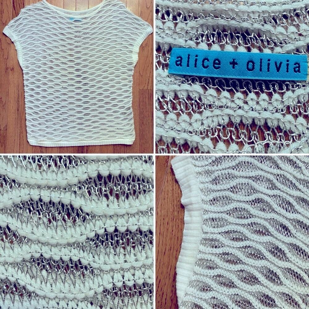 Alice + Olivia $180 Silver Ivory Metallic Open Knit Sleeveless Top Sweater M